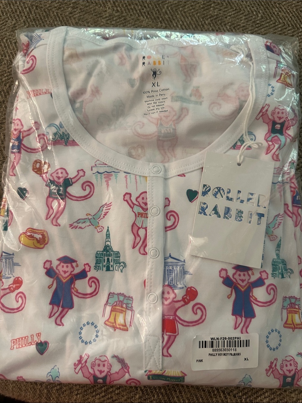 New with tags Roller Rabbit Philadelphia limited edition monkey pajamas XL - Picture 2 of 5